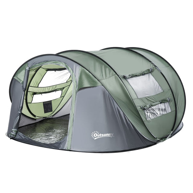 Outsunny 4-5 Person Pop-up Camping Tent Family Tent w/ 2 Mesh Windows & PVC Windows Portable Carry Bag for Outdoor Trip, Dark Green