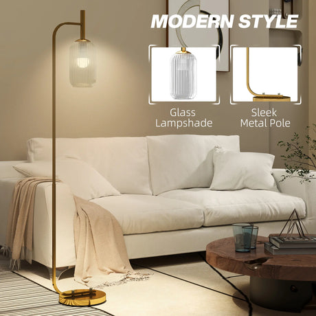 HOMCOM LED Floor Lamp for Living Room with Glass Lampshade, Modern Standing Lamp with Foot Switch, Adjustable Brightness, 2700K for Bedroom, Gold Tone