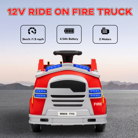 AIYAPLAY Ride On Fire Truck, 12V Kids Electric Car with Siren, Flashing Lights, Firefighting Tools, Music, Horn, Slow Start, Red