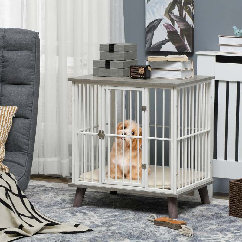 PawHut Dog Crate Furniture, Indoor Pet Kennel Cage, Top End Table w/ Soft Cushion, Lockable Door, for Small Dogs, 64.5 x 48 x 70.5 cm - Grey