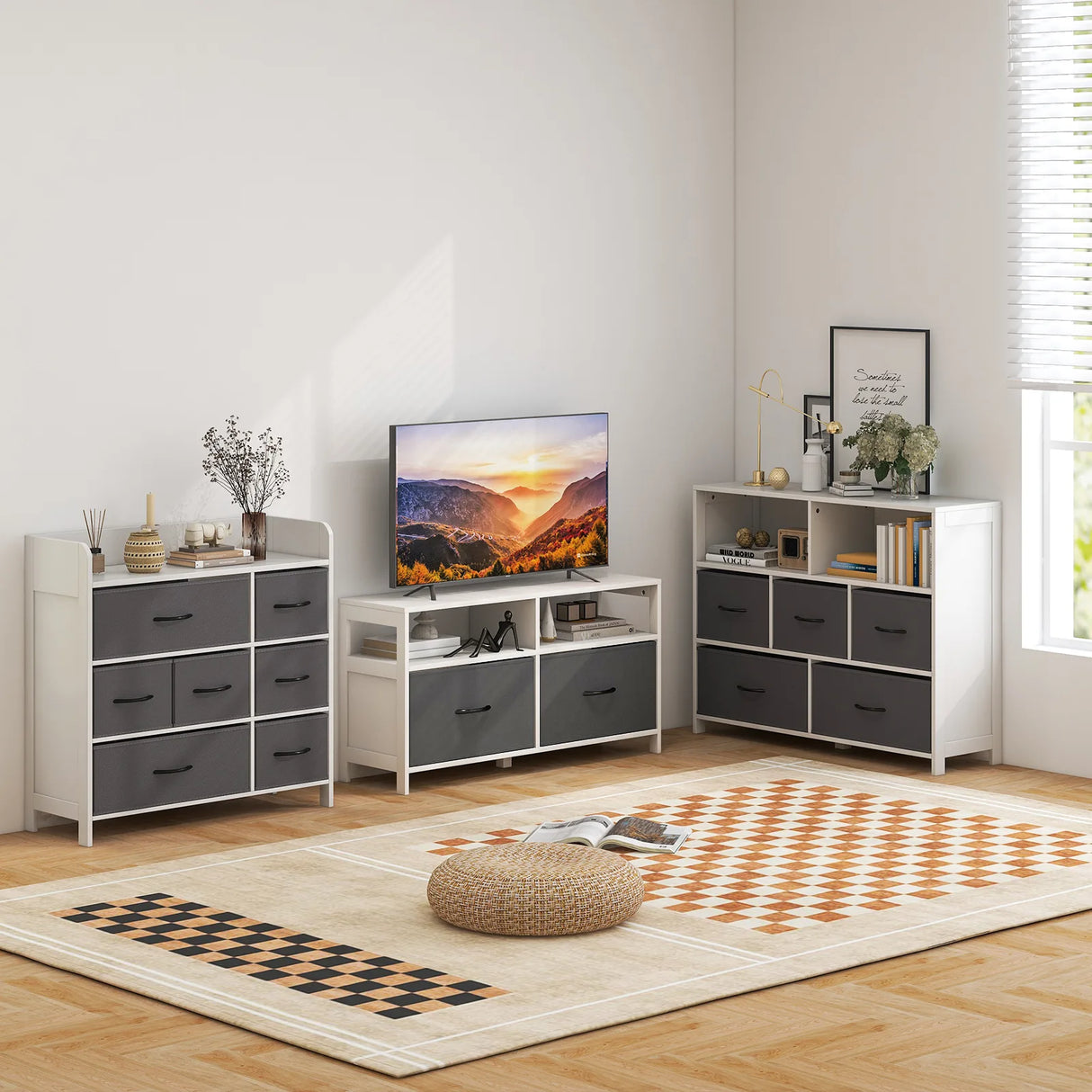 Fabric Dresser with 5 Drawers for Bedroom-White