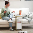 HOMCOM C Shaped Side Table with Charging Station and Faux Marble Top - White