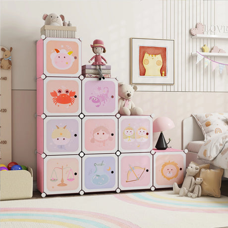 12 Cube Kids Wardrobe Closet with Hanging Section and Doors-White and Pink