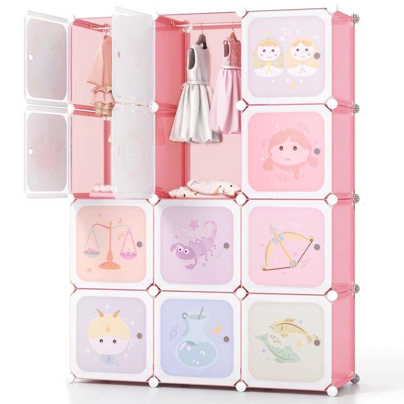 12 Cube Kids Wardrobe Closet with Hanging Section and Doors-White and Pink