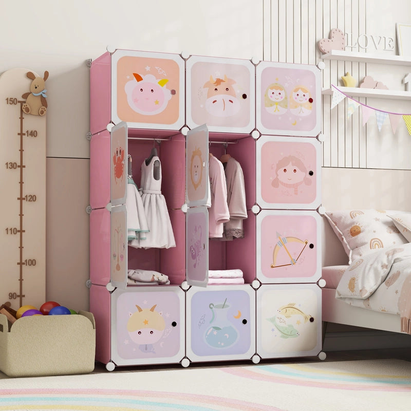12 Cube Kids Wardrobe Closet with Hanging Section and Doors-White and Pink
