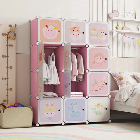 12 Cube Kids Wardrobe Closet with Hanging Section and Doors-White and Pink