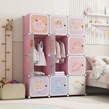 12 Cube Kids Wardrobe Closet with Hanging Section and Doors-White and Pink