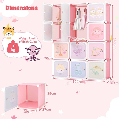 12 Cube Kids Wardrobe Closet with Hanging Section and Doors-White and Pink