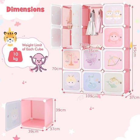 12 Cube Kids Wardrobe Closet with Hanging Section and Doors-White and Pink