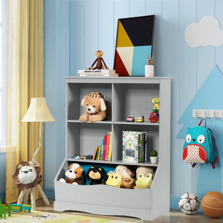 3-Tier Children's Multi-Functional Bookcase Toy Storage Bin Floor Cabinet-Gray