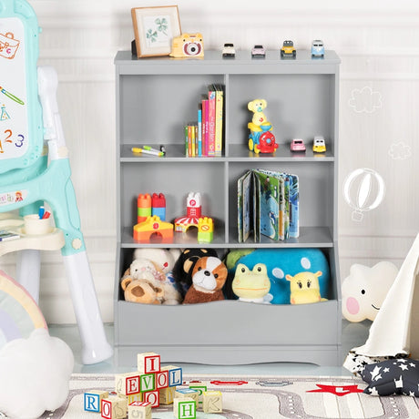 3-Tier Children's Multi-Functional Bookcase Toy Storage Bin Floor Cabinet-Gray