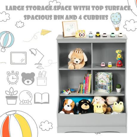 3-Tier Children's Multi-Functional Bookcase Toy Storage Bin Floor Cabinet-Gray