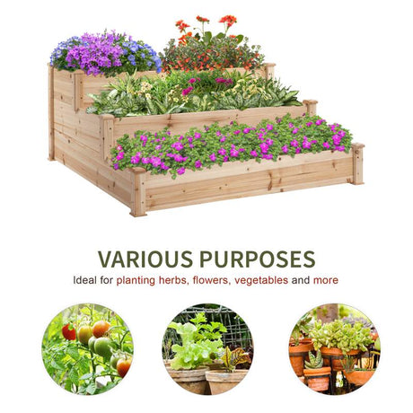 Outsunny 470L Raised Garden Bed, 3-Tier Planter Kit, Elevated Wooden Planters for Garden, Yard & Patio, 124 x 124 x 56 cm