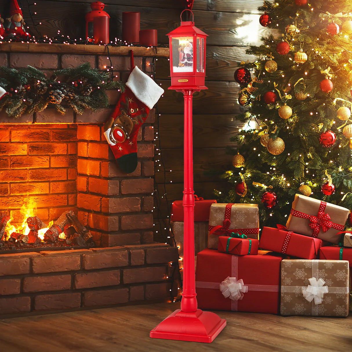 61 Inch Christmas Musical Lamp Post with Detachable Snow Globe Lantern-Red