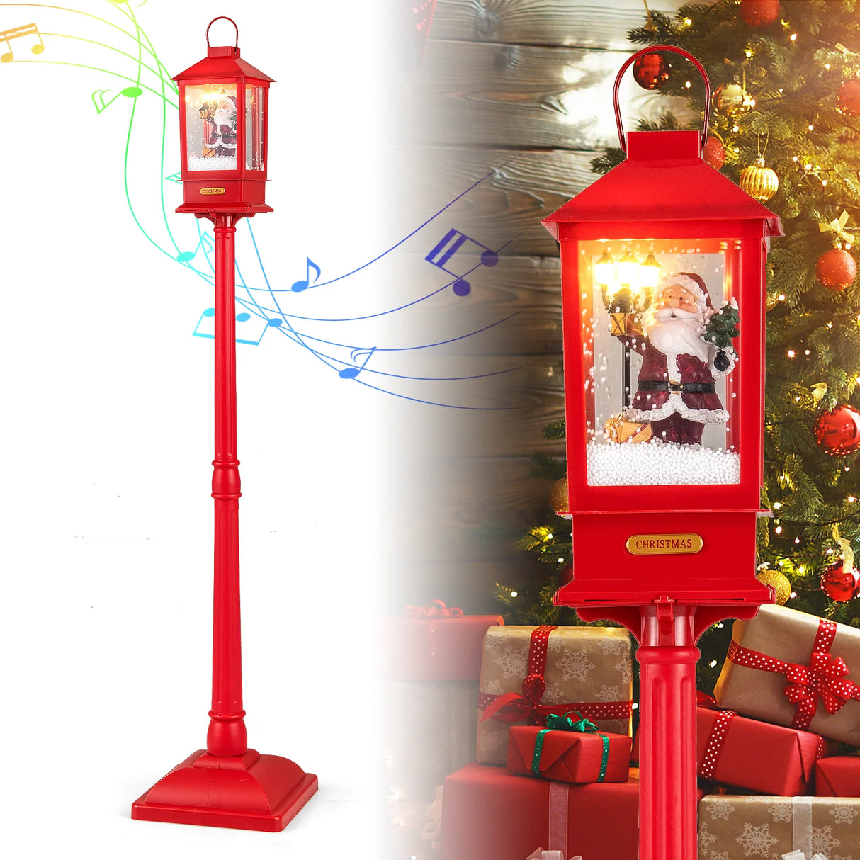 61 Inch Christmas Musical Lamp Post with Detachable Snow Globe Lantern-Red