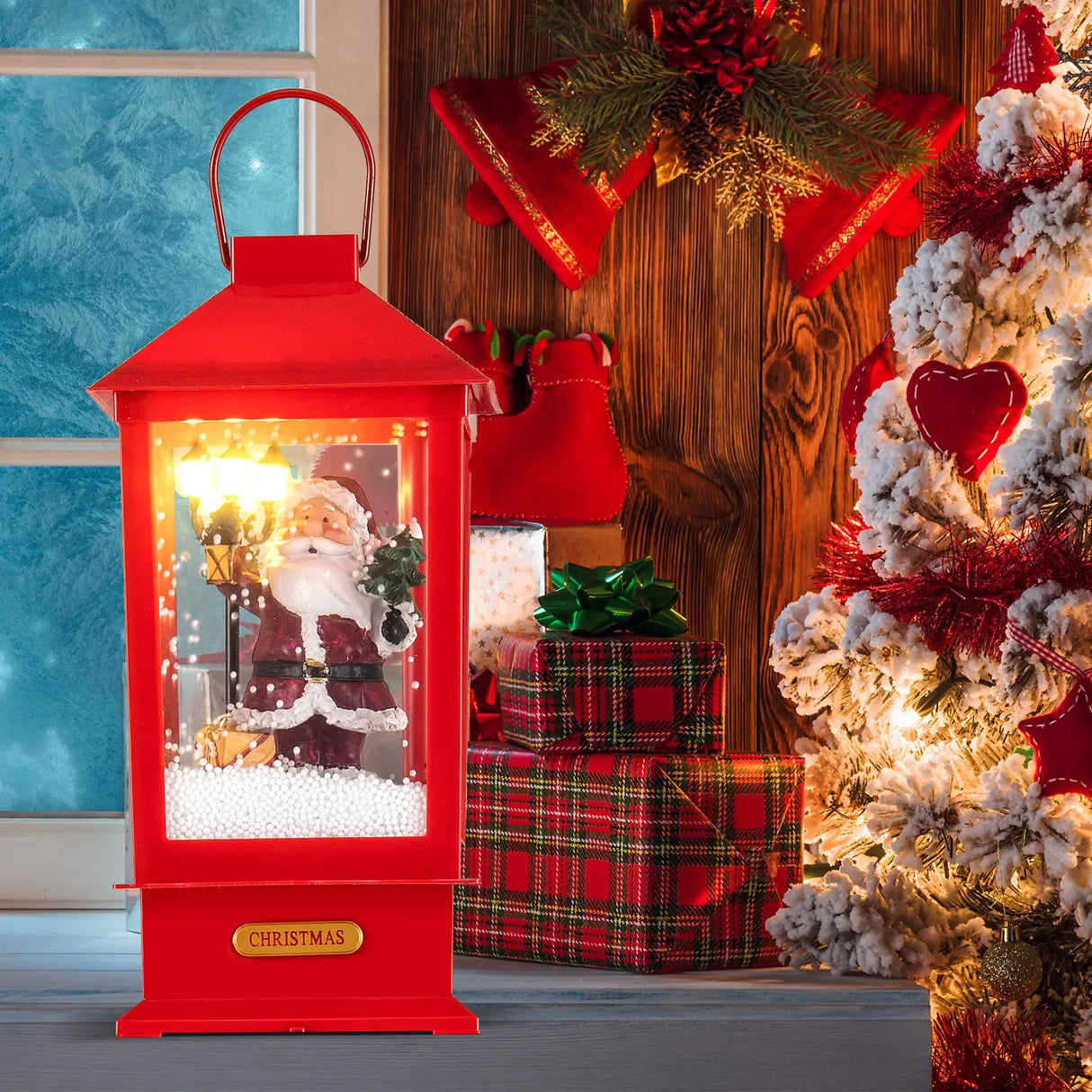 61 Inch Christmas Musical Lamp Post with Detachable Snow Globe Lantern-Red