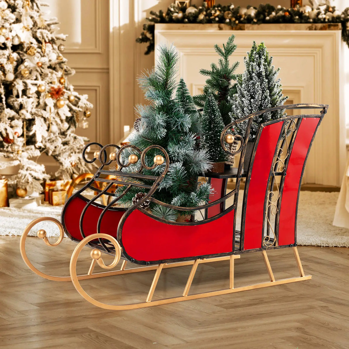 95CM Christmas Metal Sleigh Decoration with 2-Tier Storage Shelf