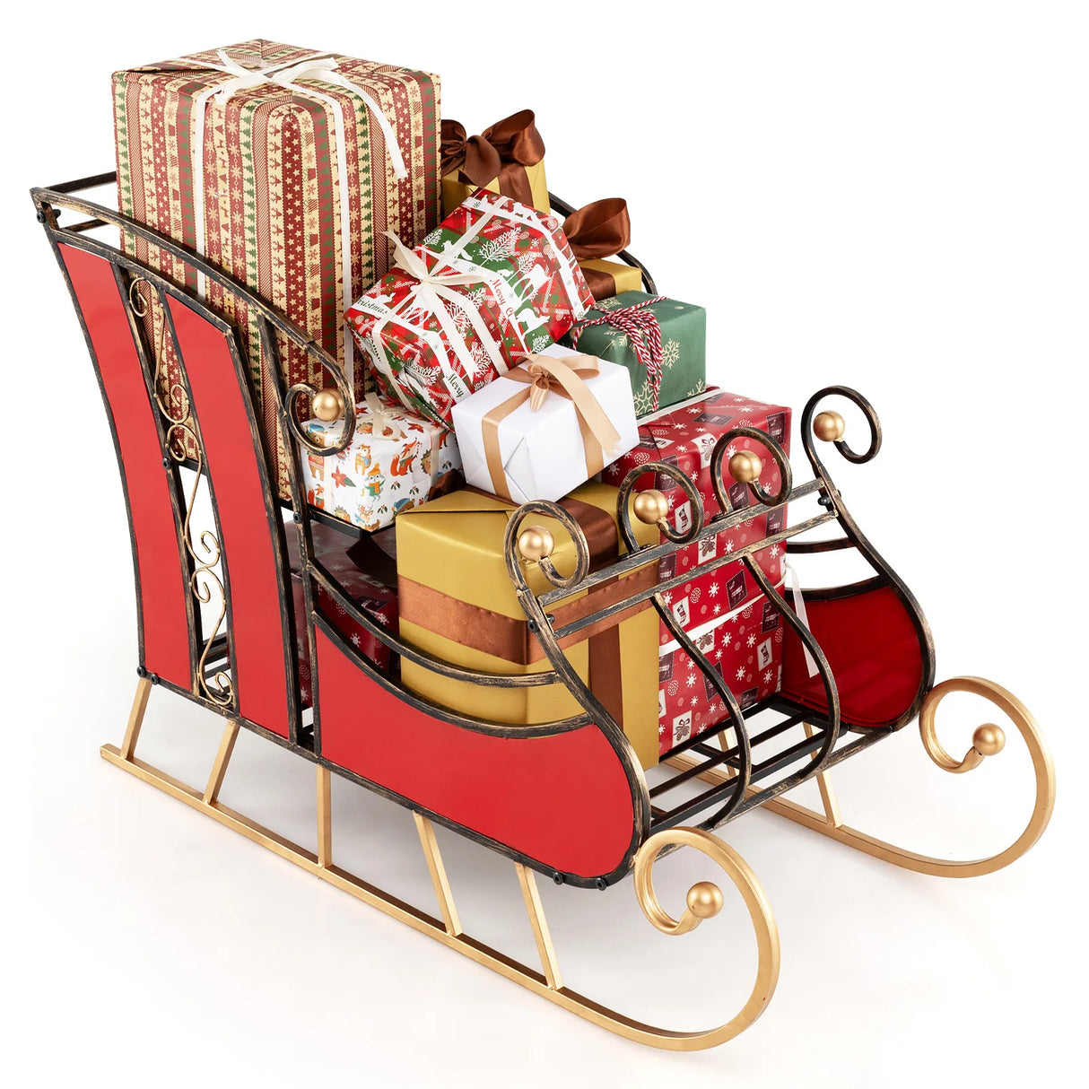 95CM Christmas Metal Sleigh Decoration with 2-Tier Storage Shelf