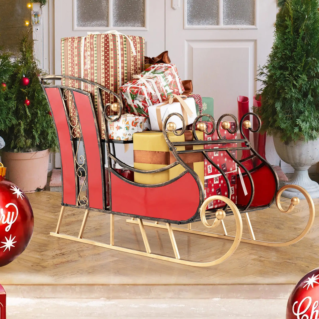 95CM Christmas Metal Sleigh Decoration with 2-Tier Storage Shelf