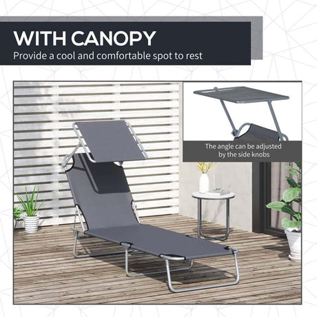 Outsunny 2 Pieces Outdoor Foldable Sun Lounger, 4 Level Adjustable Backrest Reclining Sun Lounger Chair with Angle Adjust Sun Shade Awning for Beach, Garden, Patio, Dark Grey