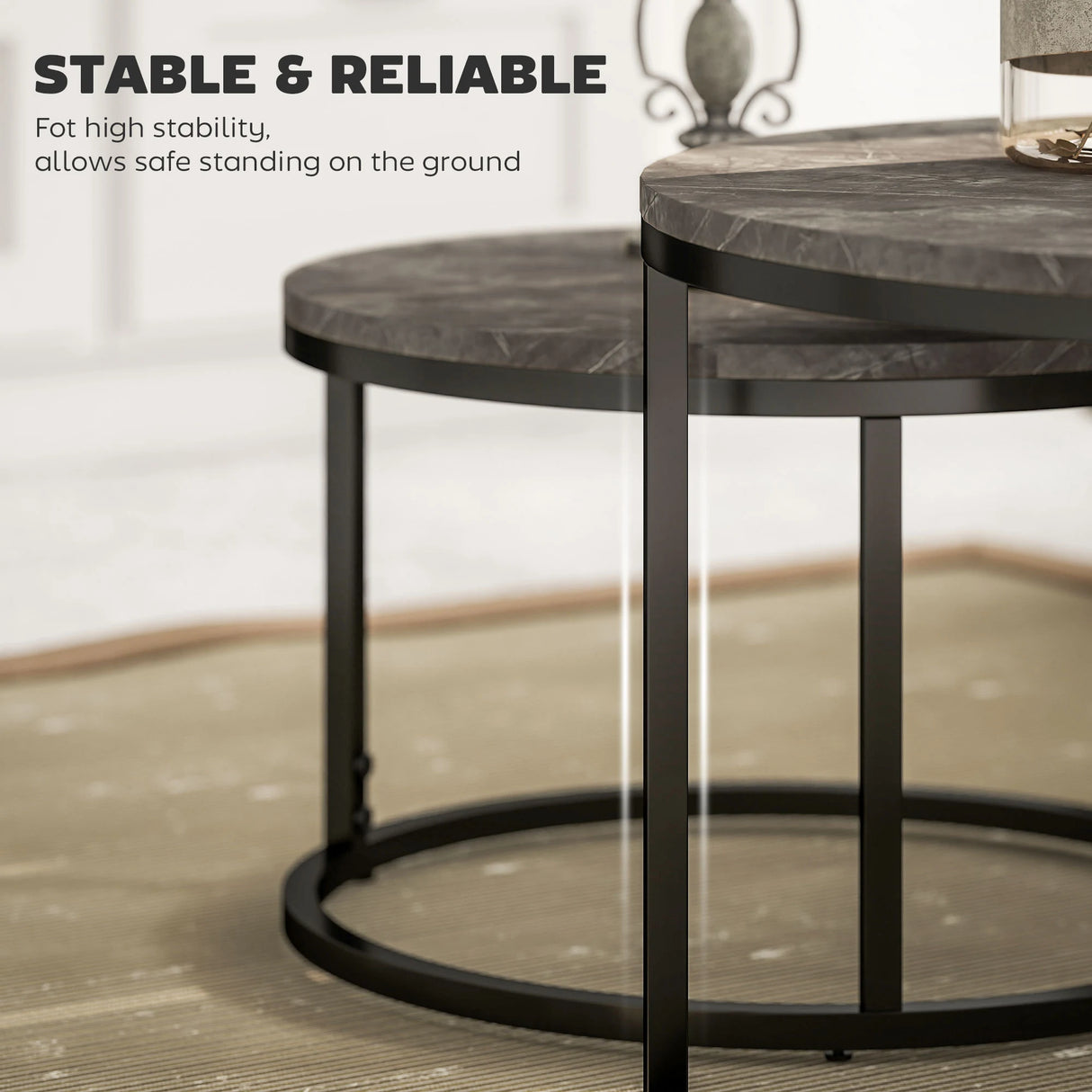 HOMCOM Industrial Nesting Coffee Table Set of 2, Round Coffee Tables, Living Room Table with Faux Marbled Top and Steel Frame