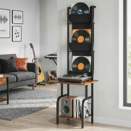 HOMCOM Vinyl Record Player Stand Record Storage with Player Stand Oxford Fabric Pockets Bottom Shelf Rustic Brown and Black