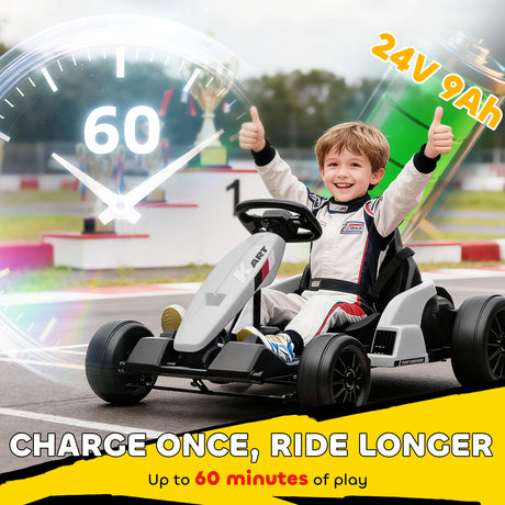 AIYAPLAY 24V Electric Go Kart, Drift Kart with Adjustable Seat, Slow Start, 5-Point Harness, Music, Horn, for 6-12 Years, White