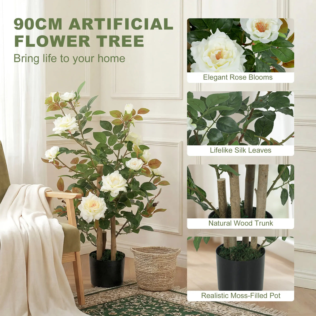 HOMCOM 90cm Artificial Rose Tree, Decorative Fake Plant with 344 Silk Leaves 17 Flowers for Outdoor Indoor Decor, White
