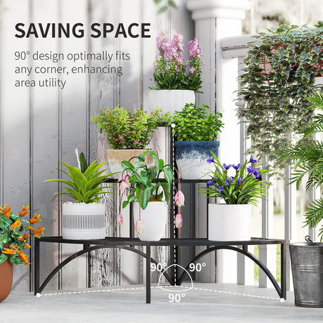 Outsunny Three-Tier Corner Metal Plants Shelves - Black