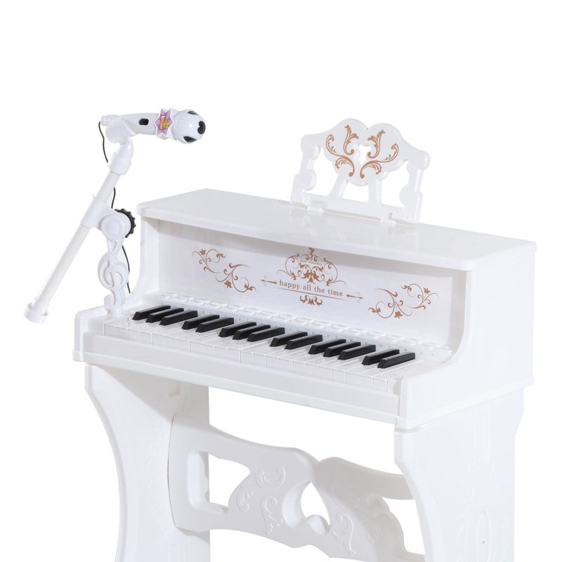 HOMCOM 37 Keys Kids Piano Mini Electronic Keyboard Light Kids Musical Instrument Educational Game Children Grand Piano Toy Set w/Stool & Microphone & Music Stand (White)