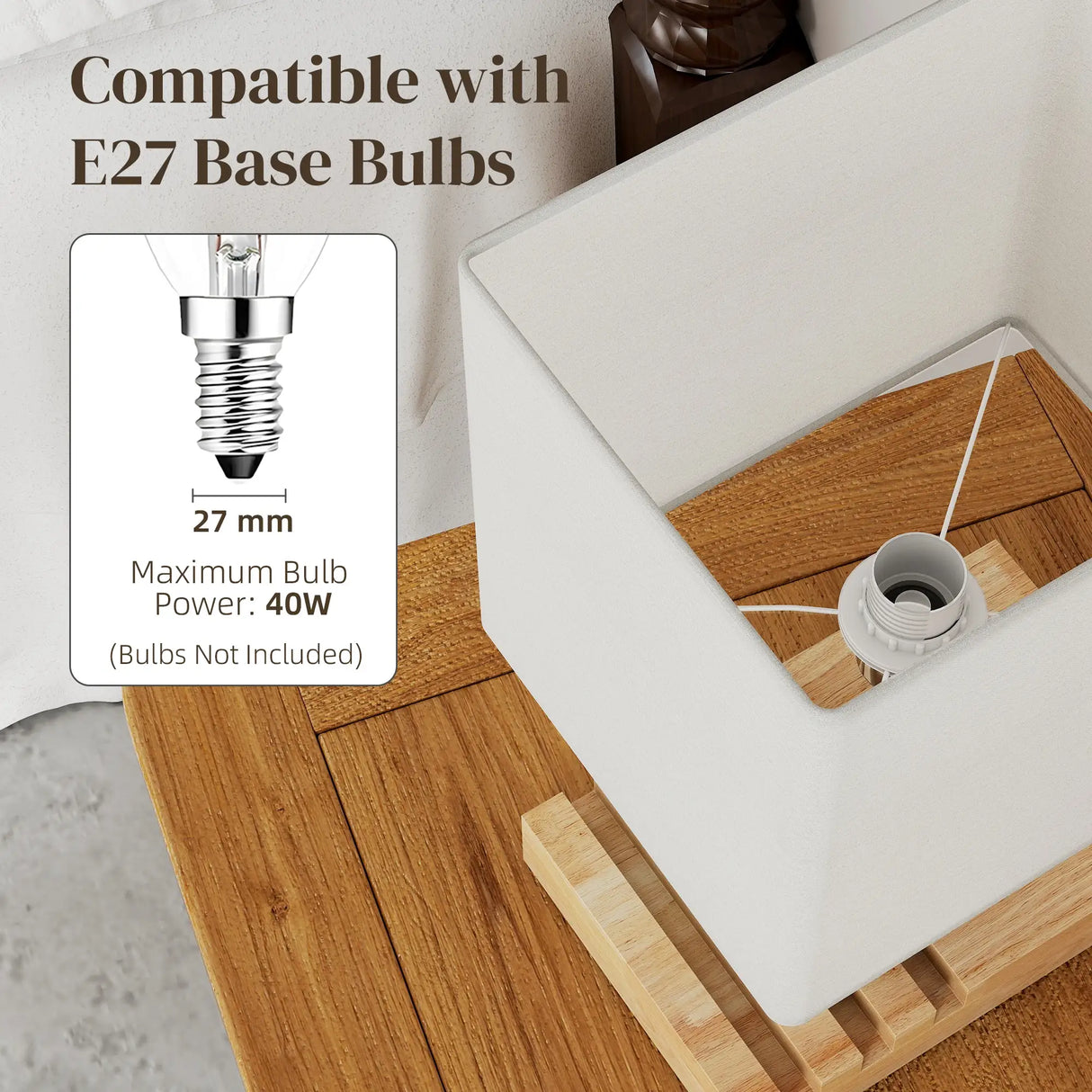 HOMCOM Bedside Lamp with USB A+C Charging Ports and 3 Phone Stands, Modern Table Lamp with Solid Wood Base and Fabric Shade for Bedroom Living Room Office, E27 Socket, Bulb Not Included, White