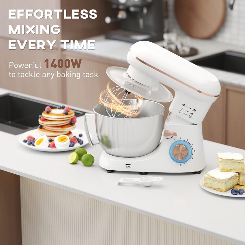 HOMCOM 1300W Kitchen Stand Mixer, with Accessories - White