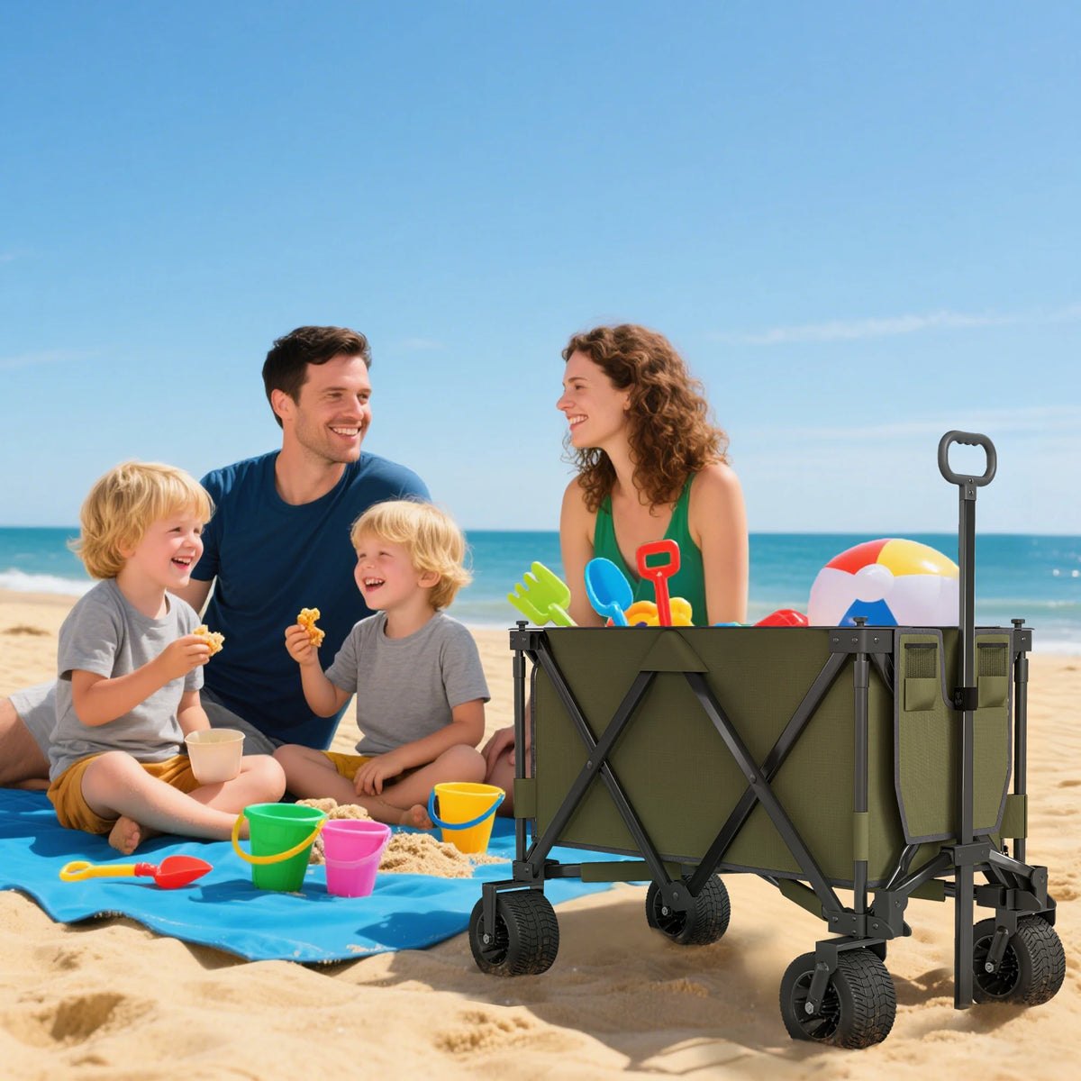 Outsunny Folding Garden Trolley, Cargo Traile on Wheels, Collapsible Camping Trolley, Outdoor Utility Wagon with Steel Frame and Oxford Fabric, Green