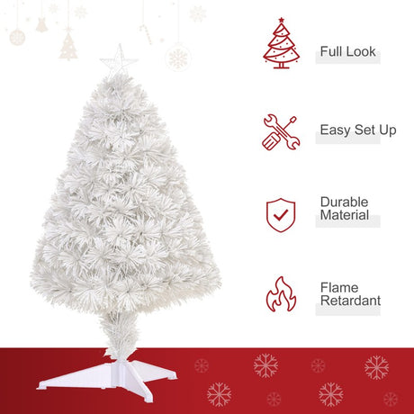 HOMCOM 2.5FT Prelit Artificial Tabletop Christmas Tree with Fibre Optics Holiday Home Xmas Decoration for Table and Desk, White