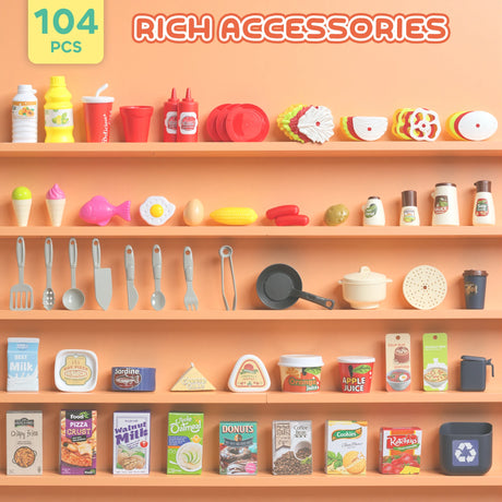 AIYAPLAY Pretend Play Kitchen Set with Realistic Lights & Sounds, 104PCS Toy Kitchen Accessories for Boys and Girls, Pink