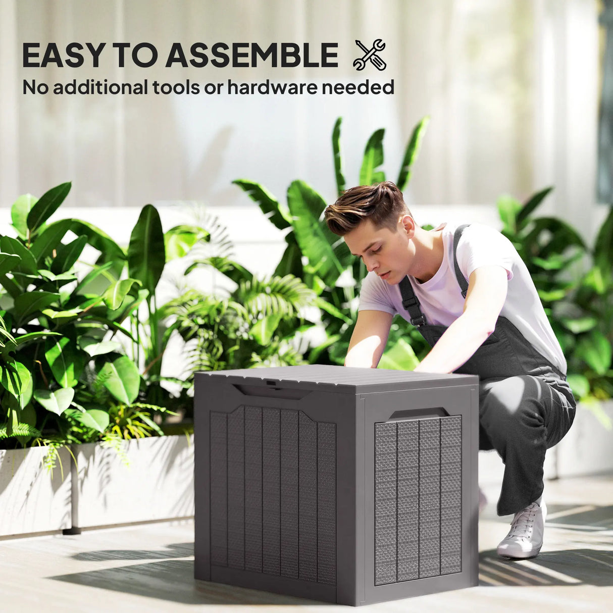 Outsunny 93L Plastic Garden Storage Box, Outdoor Storage Box with Handles, Waterproof Outdoor Storage Container, Brown