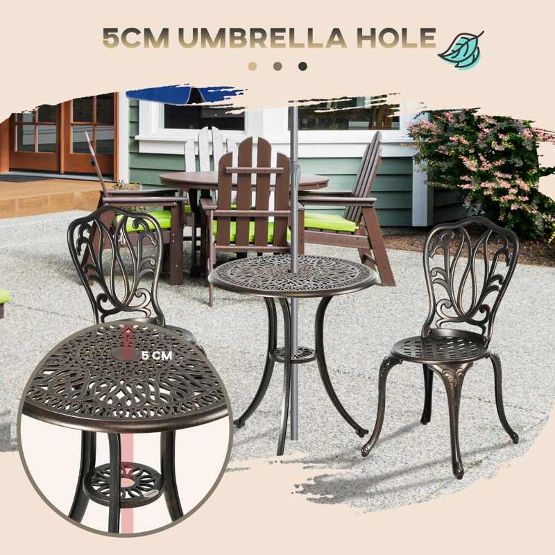 Outsunny 3 Piece Garden Bistro Set Aluminium Outdoor Furniture Set for 2 Patio Chairs and Table with Umbrella Hole Bronze Tone