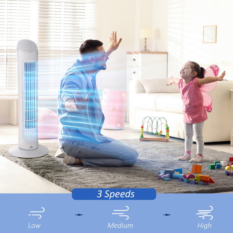 HOMCOM Tower Fan for Bedroom Cooling, 30 Inch Electric 70 Oscillating Fan with 3 Speed Settings, Standing Floor Fan for Home Office Indoor, White