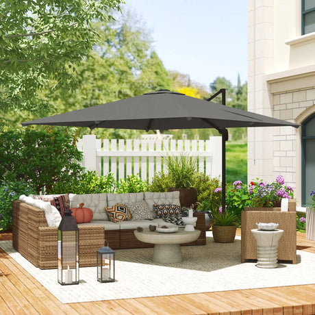 Outsunny 3 x 3 m Cantilever Parasol, Square Patio Umbrella with Crank Handle, Cross Base, Tilt, 360 Rotation, Dark Grey