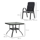 Outsunny 5 Pieces Outdoor Square Garden Dining Set w/ Tempered Glass Dining Table 4 Cushioned Armchairs, Umbrella Hole, Black