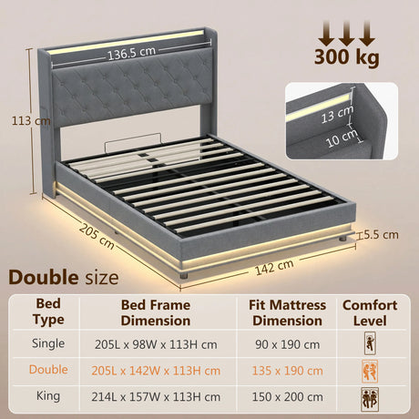 HOMCOM 4ft6 Double Bed Frame with Headboard, Platform Bed Frame with Hydraulic Storage, LED Lights and Charging Station, Grey