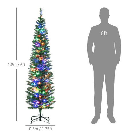 HOMCOM 6' Artificial Prelit Christmas Trees Holiday Dcor with Colourful LED Lights, Pencil Shape, Steel Base