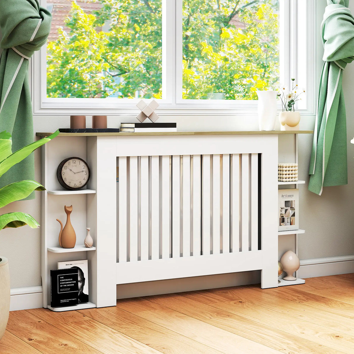 HOMCOM Radiator Cover with Open Storage Shelves, Vertical Slatted Cabinet Shelf Heater Cover for Living Room, Hallway, Large, White (H: 83 / W: 152 / D: 19 cm)