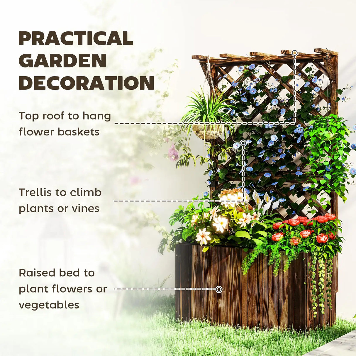 Outsunny Wooden Planter with Trellis, Freestanding Raised Garden Bed with Drainage Holes, Outdoor Planter Box with Liner for Vegetables, Herbs and Flowers, Carbonised