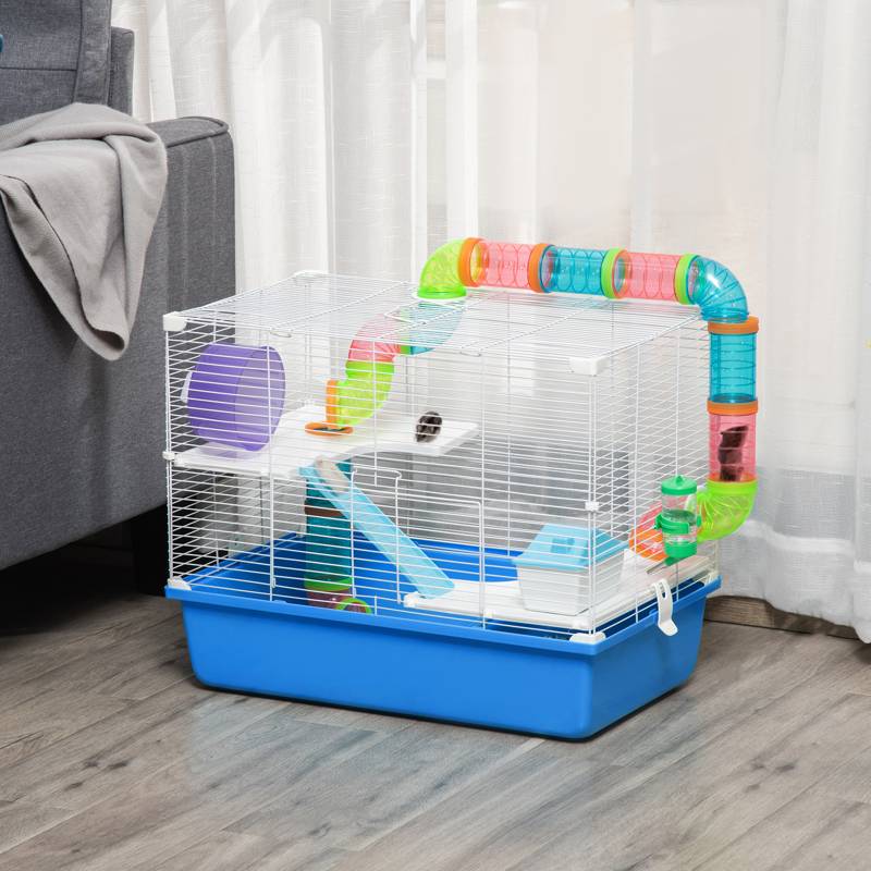 PawHut Hamster Cage, Gerbil Cage 3 Tier for Dwarf Hamster with Tube, Exercise Wheel, Water Bottle, Food Dish 59 x 36 x 47 cm- Blue