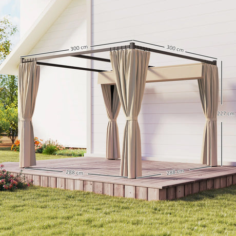 Outsunny 3 x 3m Retractable Roof Pergola, with Curtains - Khaki