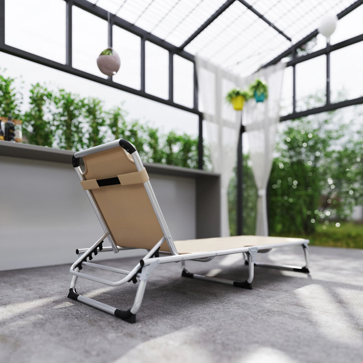 Outsunny Foldable Outdoor Sun Lounger, Reclining Lounge Chair Camping Bed Cot with Pillow 4-Level Adjustable Back Aluminium Frame, Khaki