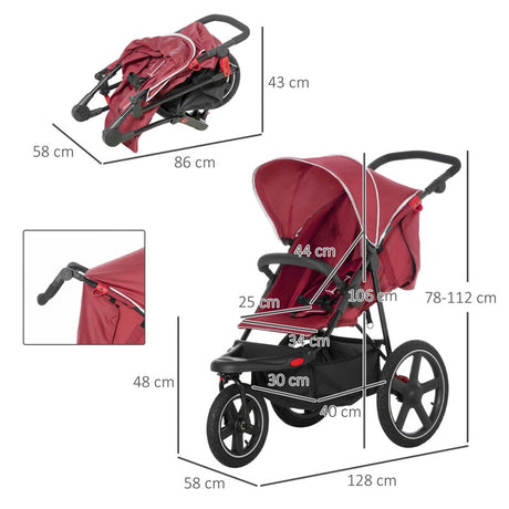 HOMCOM Foldable Three-Wheeler Baby Stroller w/ Canopy, Storage Basket - Red