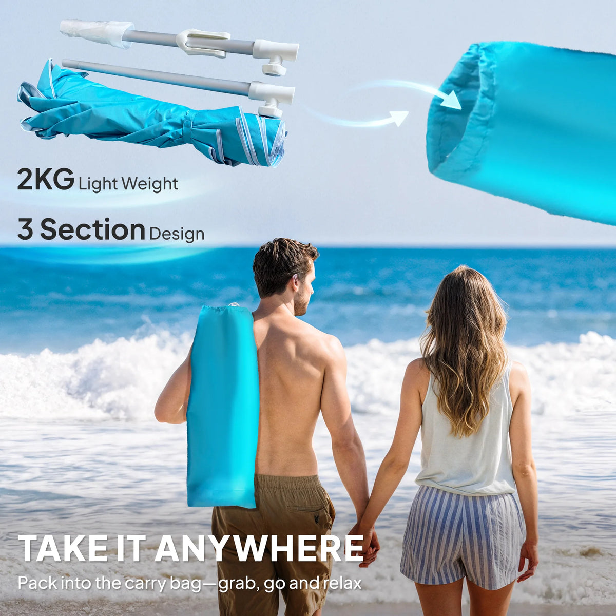 Outsunny Beach Umbrella Portable with Sand Anchor, Carry Bag, Adjustable Height & Tilt, UPF50+ UV Protection, Blue