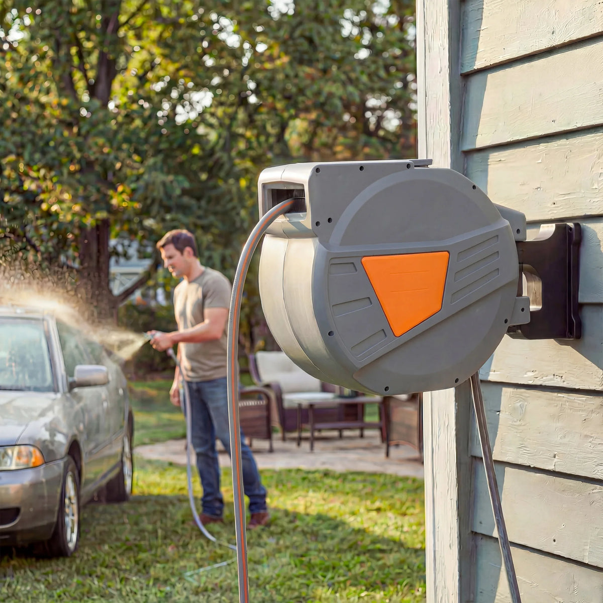 Outsunny Retractable Hose Reel Wall Mounted, 40+2m Garden Hose Pipe Reel with Auto Retraction, Self-Locking, Orange